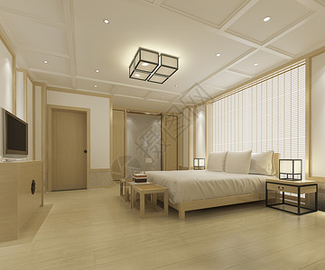 3d提供美丽的豪华Asian卧室套房在酒店与电视公寓建造人图片