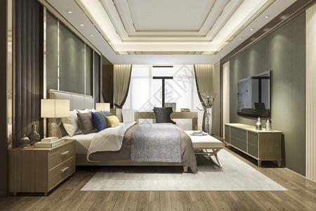 自在现代的3d提供美丽的最低奢华豪Asian卧室套房在酒店与电视睡觉图片