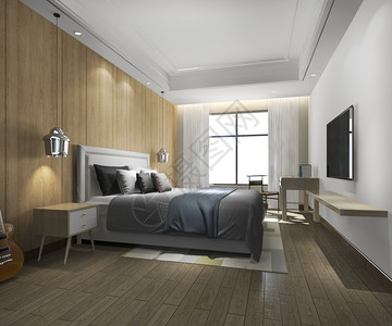 椅子现代的3d提供美丽的豪华卧室套房在酒店与电视地毯图片