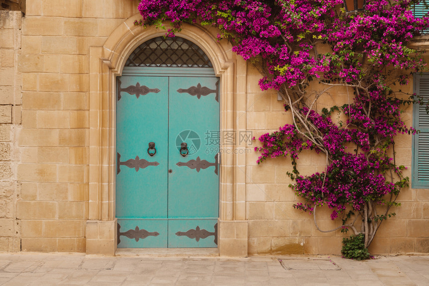 观光马耳他古老的麦芽房子墙上有粉红色的布加维利亚天图片