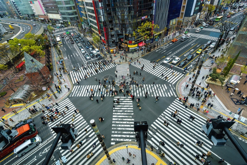 最佳日本东京银座十字路口的空中视图城市商业图片