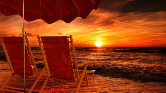 开海节安宁海景观两张空椅子在开着的雨伞下海滩上以日落为视线3D让两张空椅子在开着的雨伞下海滩上以日落为望面设计图片