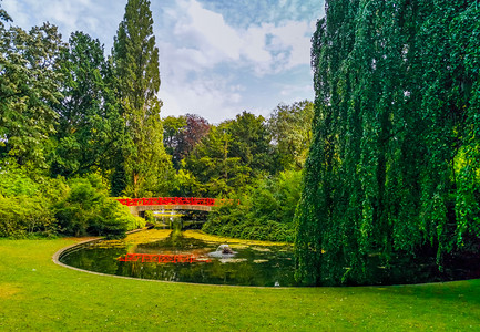 法尔肯堡Breda的Valkenberg美丽城市公园景象带草和柳树的水湖荷兰自然景象观绿色欧洲的背景
