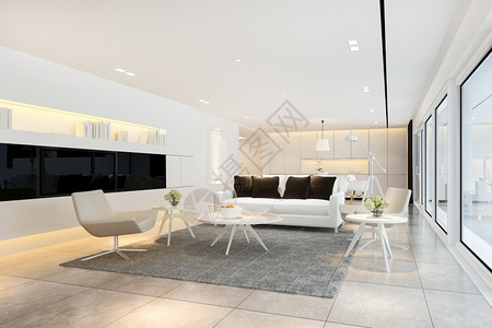 器具3d在厨房和户外露台附近建造白色现代客厅内部的渲染图片