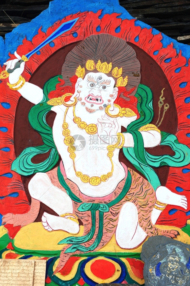 古老的代墙壁绘画在历史藏中展露台艺术火佛教徒图片
