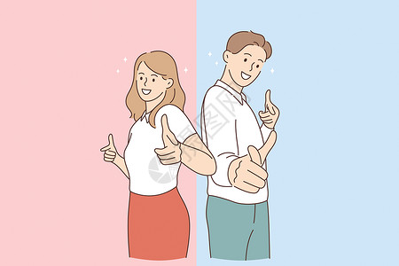 男欢笑的情侣女卡通人物站在镜头前指着摄影机举起拇指向矢量示意积极情绪和良好气氛概念积极情绪和良好气氛概念用摄像头显示男生幸福背景图片