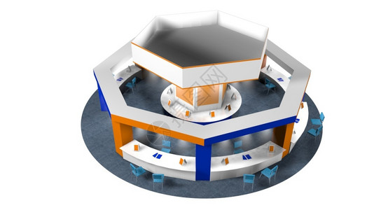 宣判罪桌子蓝色的内部在八角博览会上销售的3D广告站模型在圆周地毯上为顾客和供应商提椅子白色背景上的蓝色和橙摊台用白蓝和橙标成白底并有宣设计图片