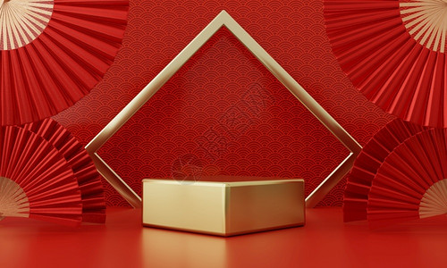 日本红林使成为介绍新年红现代风格一个讲台产品展示配有金环框架日语风格背景欢乐节传统文化概念3D插图HIV设计图片