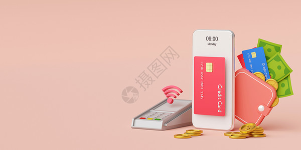 聪明的钱账单查看在线的通过NFC技术的无线接触付款通过信用卡或智能手机钱袋无线付款3D设计图片
