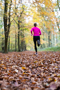 人们妇女于清晨秋天通过林地进行保持锻炼活动合身满的图片