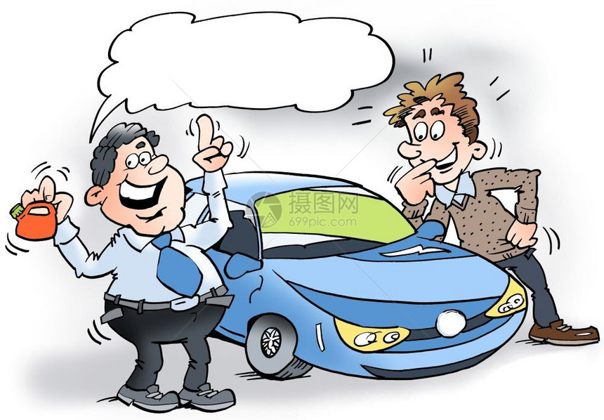 卡通插画一个汽车销售员展示一辆混合汽车和个小油罐微笑驾驶实习生图片