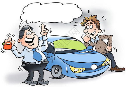 莫特卡通插画一个汽车销售员展示一辆混合汽车和个小油罐微笑驾驶实习生插画