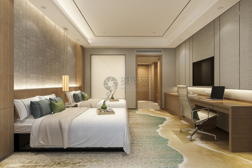 装饰风格在职的3d提供美丽的豪华卧室套房酒店有电视和工作桌子图片