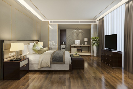 活的3d提供美丽的豪华卧室套房酒店有电视和工作桌地毯优质的图片
