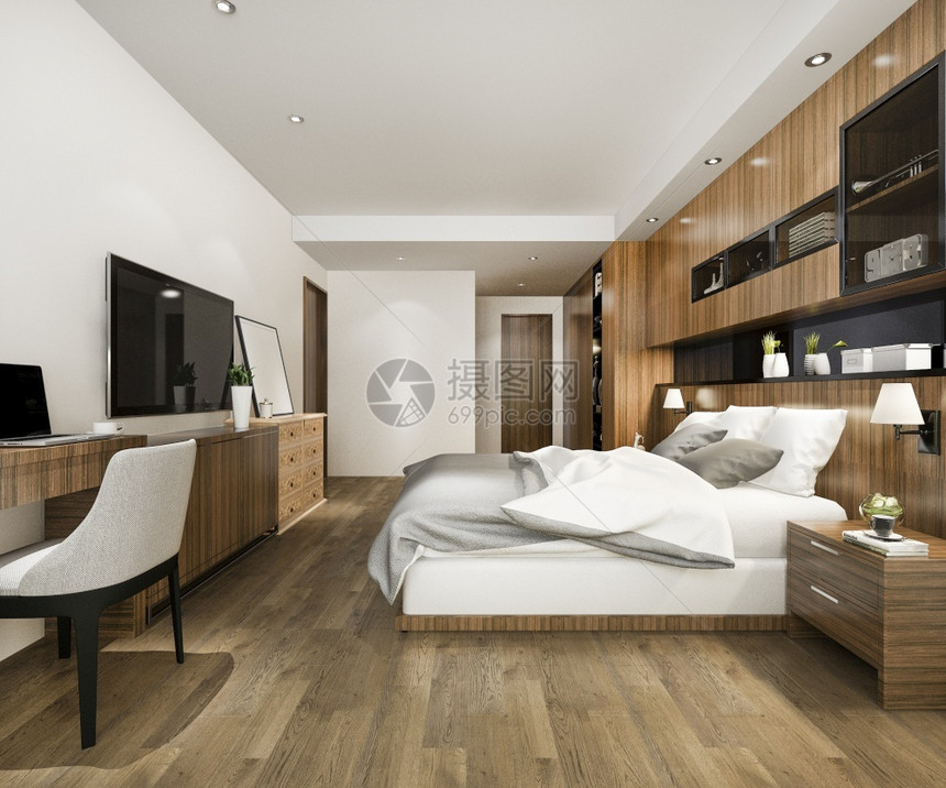 质地室内的建造3d提供美丽的豪华卧室套房酒店有电视和工作桌图片