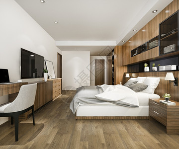 质地室内的建造3d提供美丽的豪华卧室套房酒店有电视和工作桌图片
