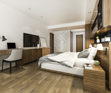 内部的室在职3d提供美丽的豪华卧室套房酒店有电视和工作桌图片