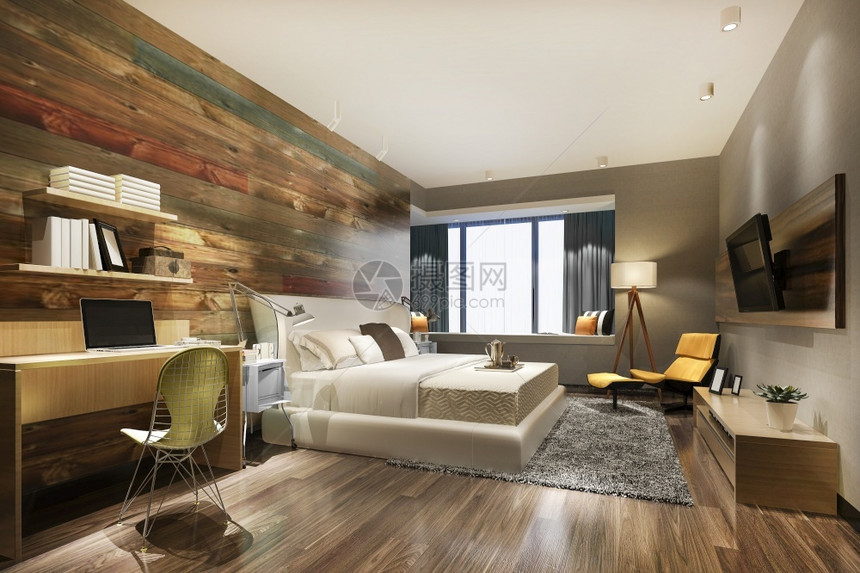 渲染椅子3d提供美丽的豪华卧室套房酒店有电视和工作桌当代的图片