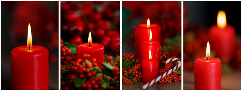 装饰温暖黄色红蜡烛配莓果和糖甘蔗的装饰圣诞节高清图片