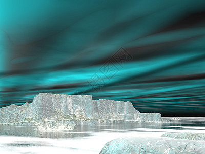 磁层发光的黑暗北极夜间在冰山和海洋上空北极光3D渲染超现实主义设计图片