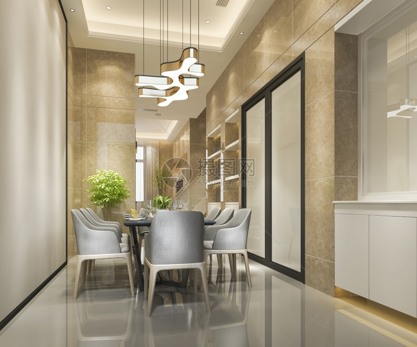 当代的墙窗户3d提供现代和奢华的餐室用吊灯图片