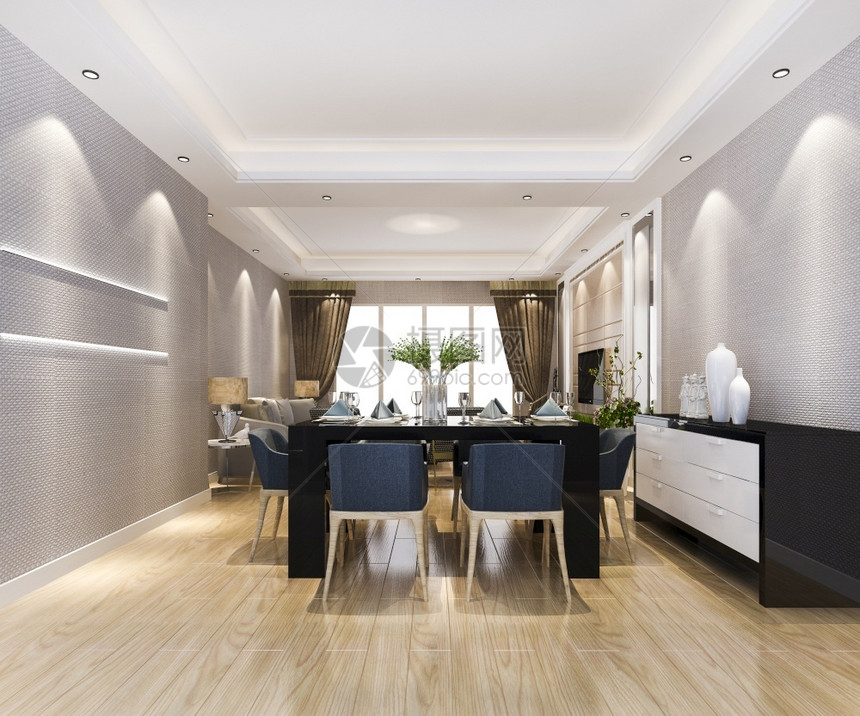 奢华3d提供现代餐厅和客配有豪华装饰品和皮沙发阁楼室内的图片