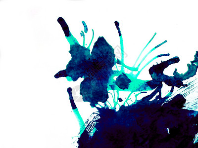颜色水滴积极的纸白色背景上深蓝水彩手绘的抽象特写图片