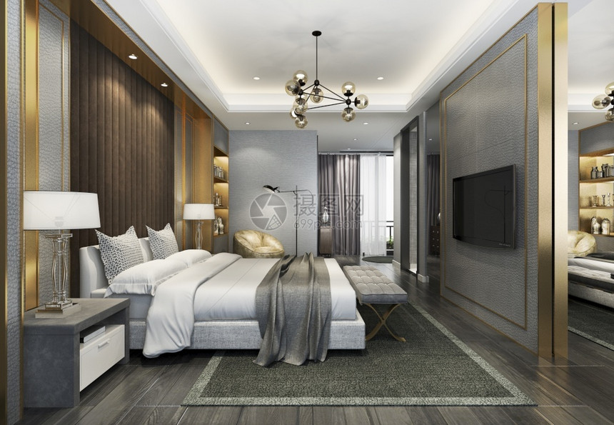 活的奢华3d提供美丽的豪华卧室套房酒店有电视和工作桌优质的图片