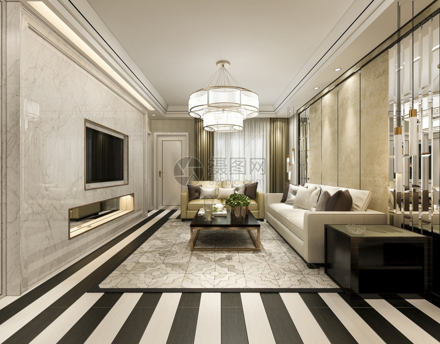 3D提供现代经典客厅豪华装饰和条纹地板美丽的酒店枝形吊灯图片