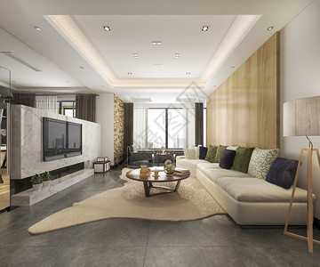 建造灰色的墙3d提供豪华和现代客厅配有设计良好的皮革沙发图片