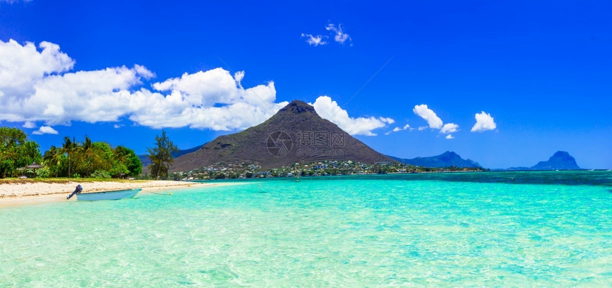 景观毛里求斯岛屿FlicenFlac岛美丽的热带海滩蓝色太阳图片