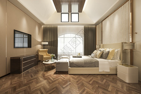 斯堪的纳维亚语椅子3d提供美丽的豪华卧室套房在酒店与电视干净的图片