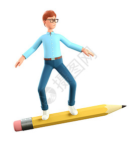 3D插图笑的有创意人站在大铅笔上像滑板机一样飞在空中卡通商人队长学生产想法孤立在白背景上绘图员卡通片工作设计图片