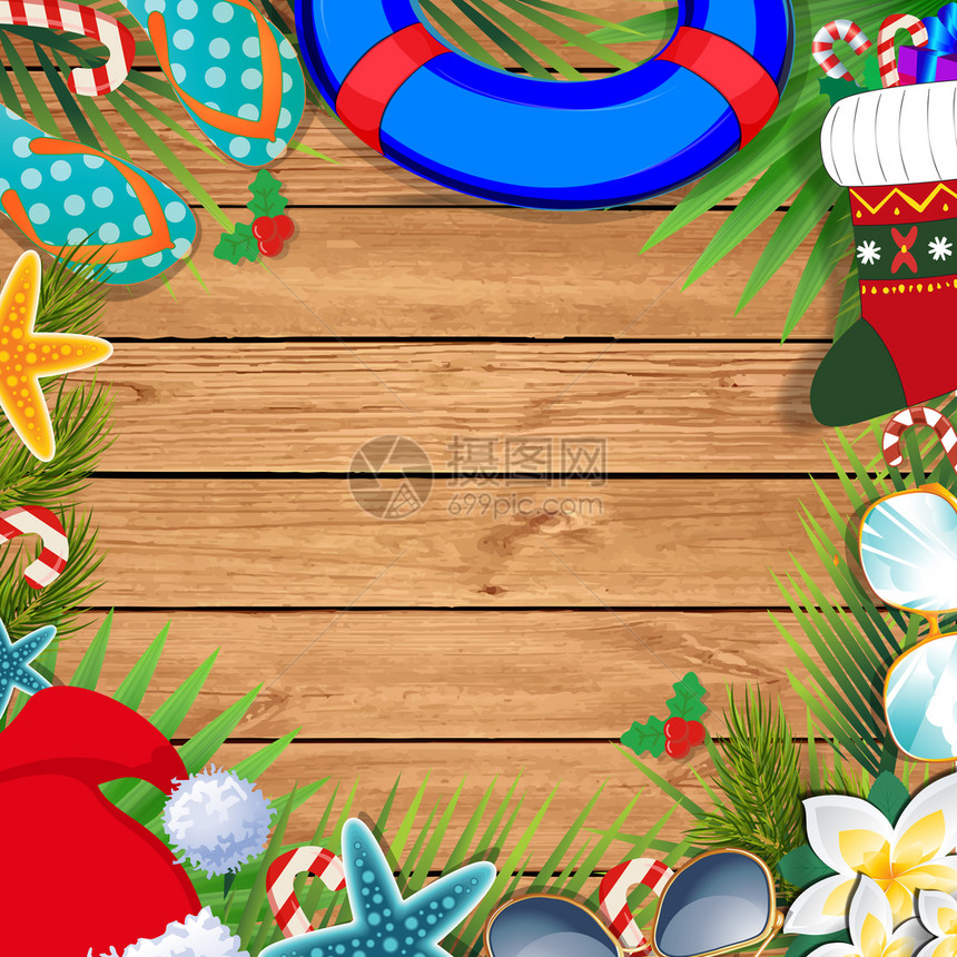 夏天圣诞快乐和新年温暖气候设计模板夏季度假附件和棕榈叶以及圣塔帽fir树枝和木制背景的赠礼圣诞快乐和关于温暖气候的新年模板快乐和图片