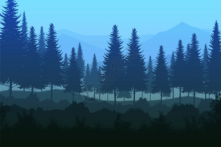 矢量松树自然林绿天然松山地平原天然松林山脉地平面风景壁纸日出和落冬天薄雾蓝色的背景