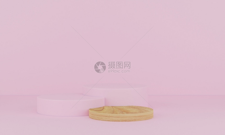 3d以粉红背景的Peestal或平台展示产品模拟化妆品时用几何木质讲台绘制简易场景为了地面粉色的图片