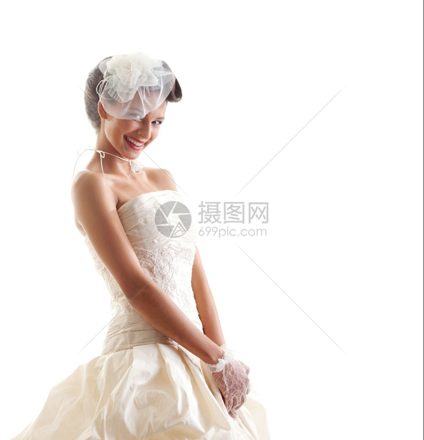完美婚纱白领带和色背景花帽中的喜悦埃利根特Retro新娘肖像优雅时尚奢华图片