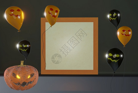 喜庆传单3d表示假日装饰和政党概念恐怖万圣节黑色和橙气球环绕白板文字空间使成为目的设计图片