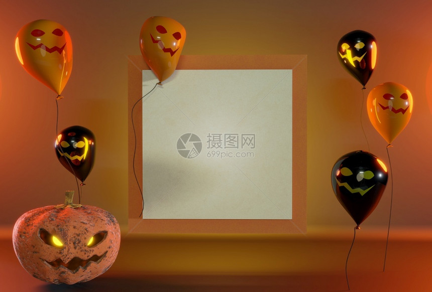南瓜脸3d表示假日装饰和政党概念恐怖万圣节黑色和橙气球环绕白板文字空间装饰图片