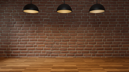 渲染空房间有砖墙木地板和现代天花灯内部阁楼风格3D现代的黑暗图片