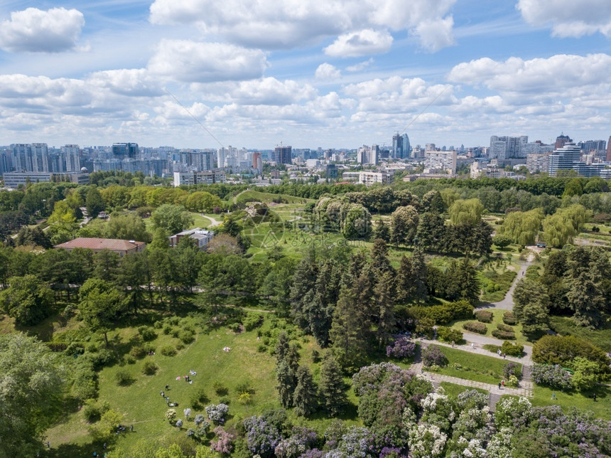 夏季美丽的绿色植物园地平线上的城市建筑植物园和城市建筑的人们空中景象在植物园和城市建筑中人们的空景象明亮自然建造图片