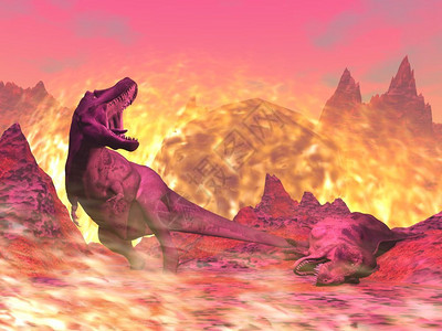 温暖的热暴龙雷克斯恐在陨石坠毁后死火中3D导致暴龙雷死在火中3D景观图片
