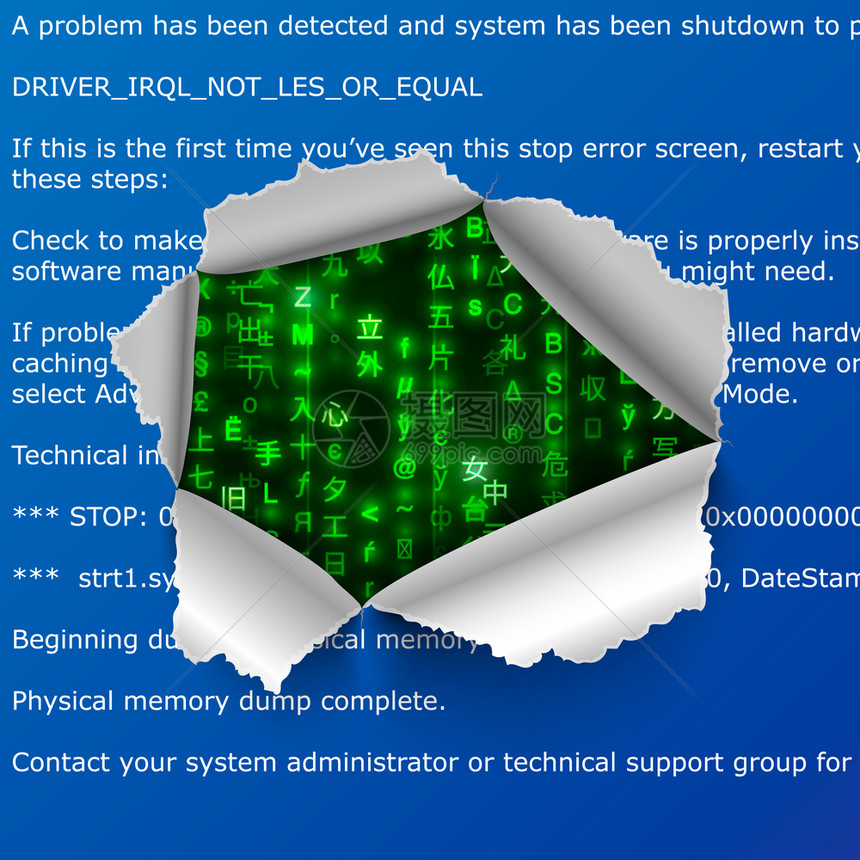 个人电脑网络空间在BSOD错误文本中撕破洞在背景的错误文本中刻出绿色矩阵代码符号碰撞图片