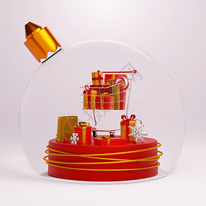 庆典树假期圣诞舞会几何讲台3D插图的购物车满了礼品和购物袋图片