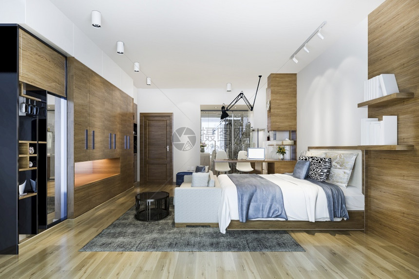 舒适装饰风格3d提供有工作桌和衣柜的阁楼豪华卧室织物图片