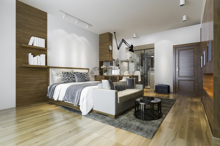 织物活的家具3d提供有工作桌和衣柜的阁楼豪华卧室图片