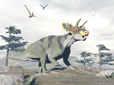 阿尔伯塔角龙史前草食动物天空白日在自然界行走的恐龙3D使恐龙行走的电离突变恐龙3D设计图片