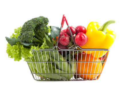 装满完美蔬菜和水果的购物篮子买菜概念项目樱桃荣耀素食主义者图片