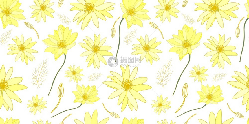 白色背景图案上的黄色花朵田野夏季织物上的美丽精致图案织物上美丽精致的图案服装洋甘菊草本图片