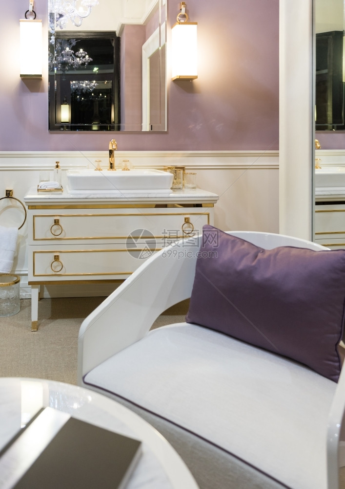 家美丽明亮的洗手间配有黄金白色和紫装饰品镜子金图片